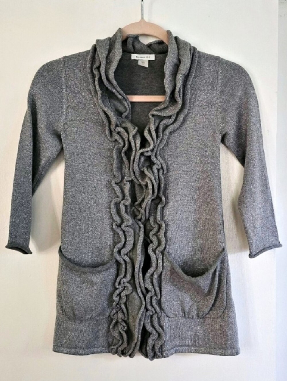 Garnet Hill Grey Shimmer Ruffle Front Cardigan Sweater Medium Cotton Wool Blend